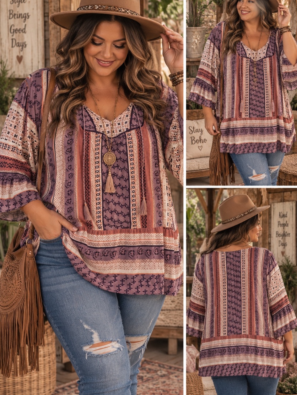 Vintage America Boho Tunic in Mauve, Rust, and Cream